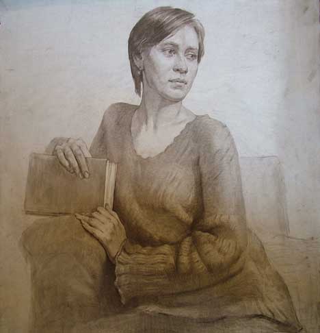 Портрет с руками. 69.5х69.5 Бумага,соус.