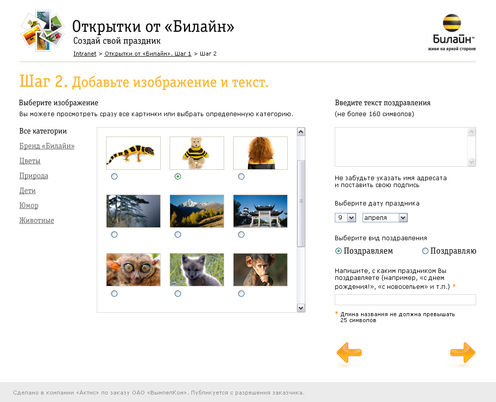 "Конструктор открыток" для «Билайн»: шаг 2 из 3-х.