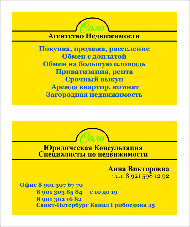 визитка для агенства недвижимости СОЛО