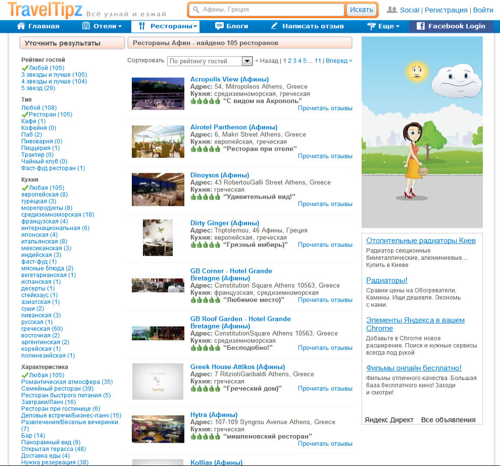 Заполнение раздела "Рестораны" сайта traveltipz.ru