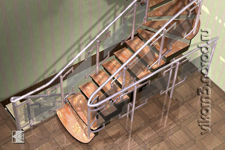 Визуализация лестницы из мрамора, стекла и нержавейки