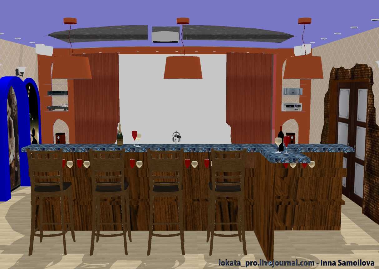 Гостиная с домашним кинотатром, вариант с арками