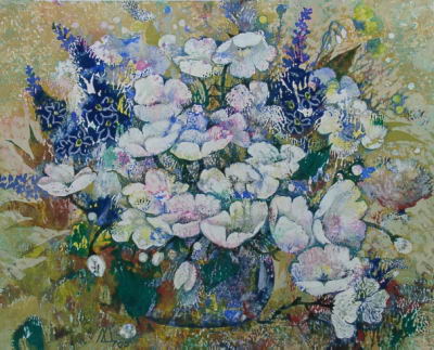 Белые цветы. бум.,гуашь