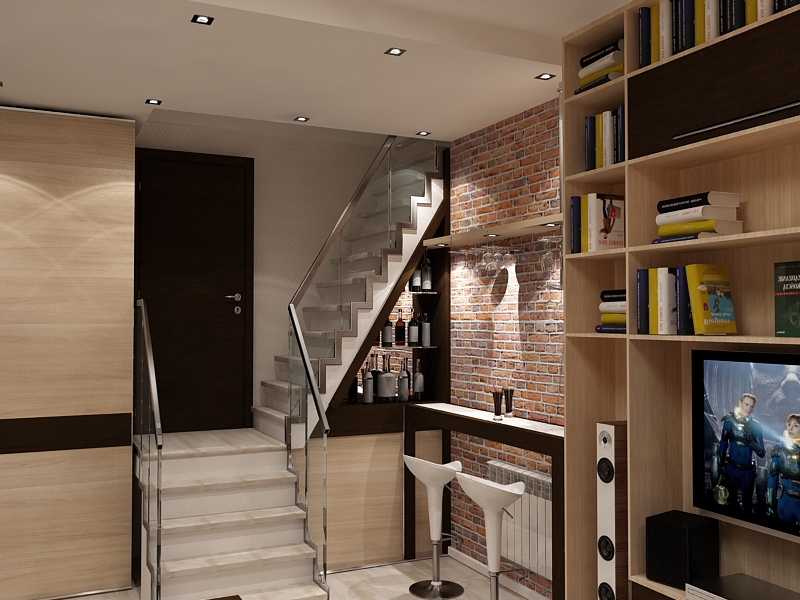 Дизайн двухуровневой квартиры(-1этаж: зона отдыха, мини спорт-зал)