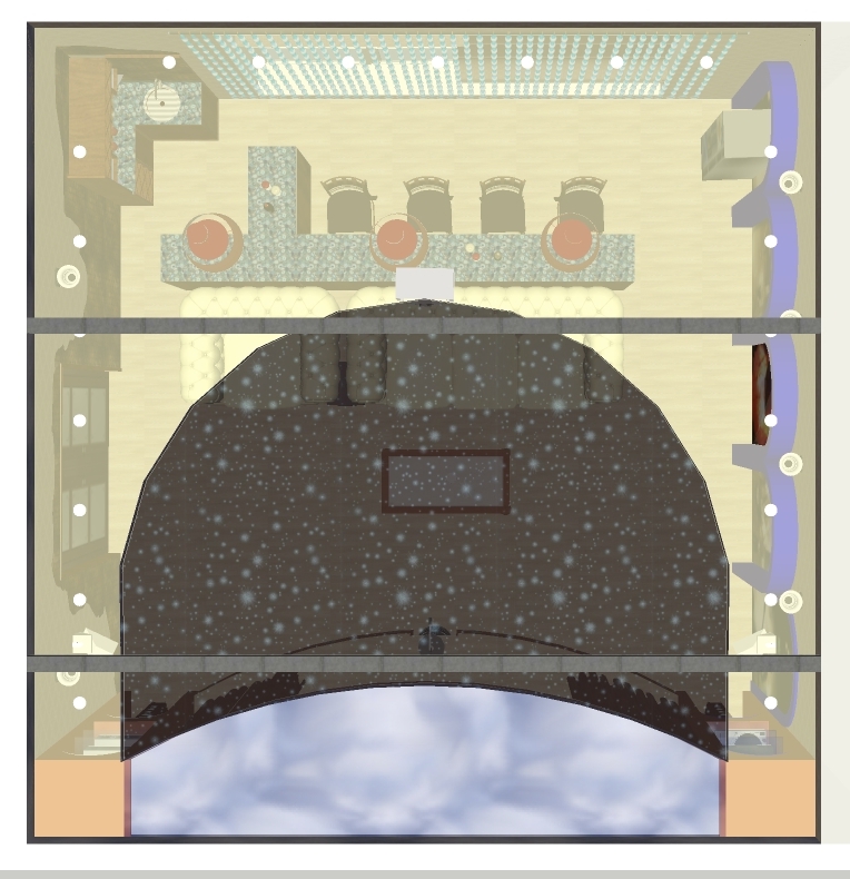 Гостиная с домашним кинотеатром, вариант с арками