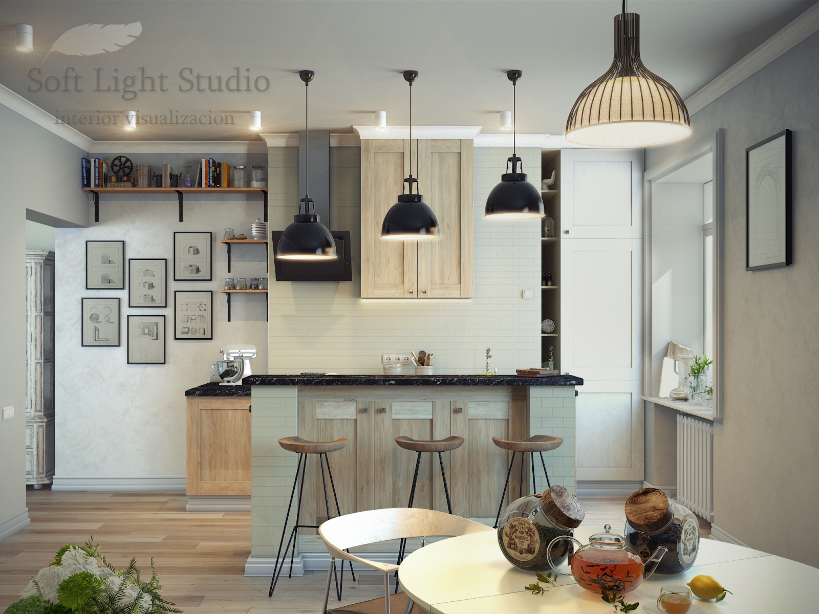 Концепт визуализация кухни с обеденной зоной.