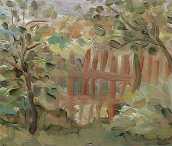 Забор и вишни. Масло