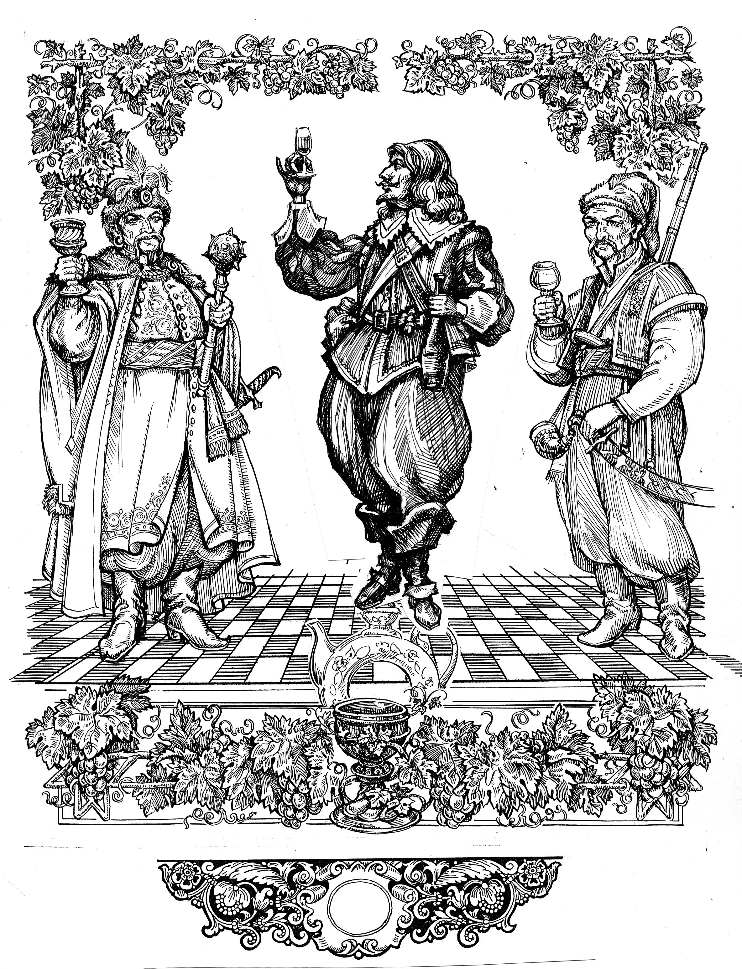 рисунок пером для упаковки под коньяк "Кардиал"