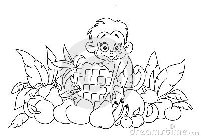 Мартышка с фруктами - раскраска