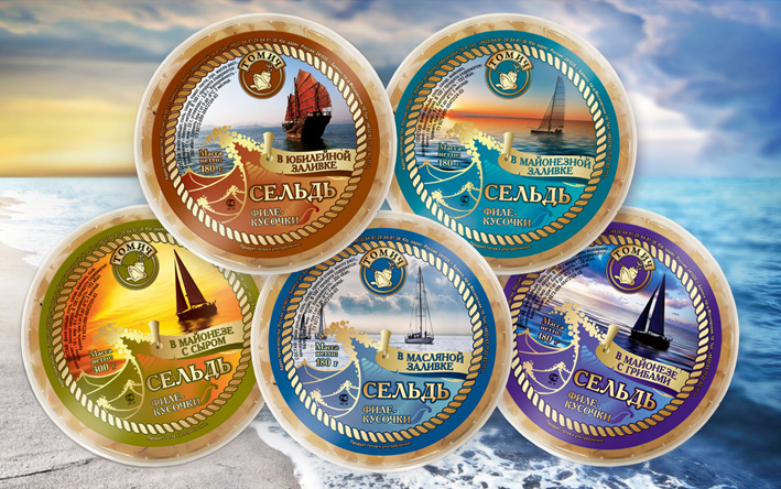 Дизайн этикеток "на металле" для серии рыбных пресерв