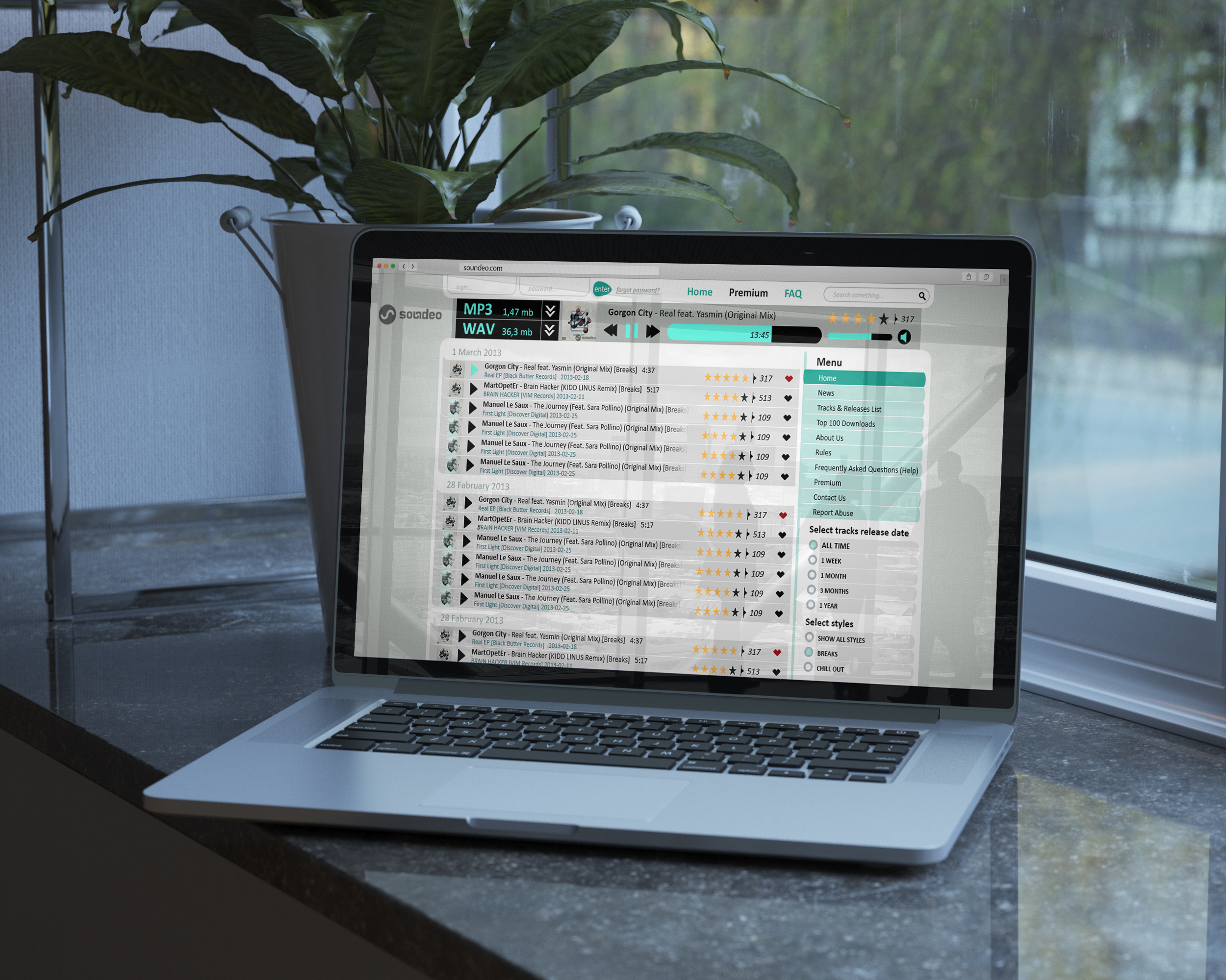 Макет главной страницы музыкального портала  soundeo.com