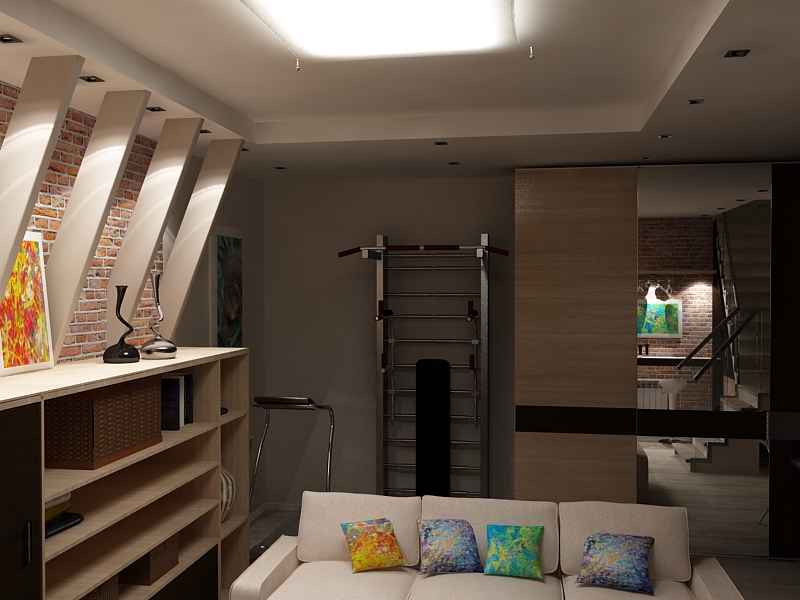 Дизайн двухуровневой квартиры(-1этаж: зона отдыха, мини спорт-зал)