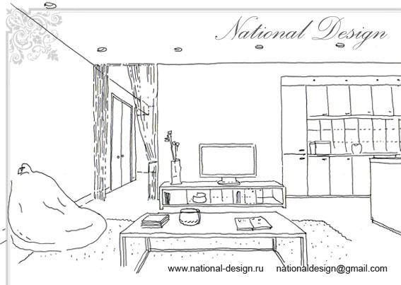 Интерьер гостиной с кухней