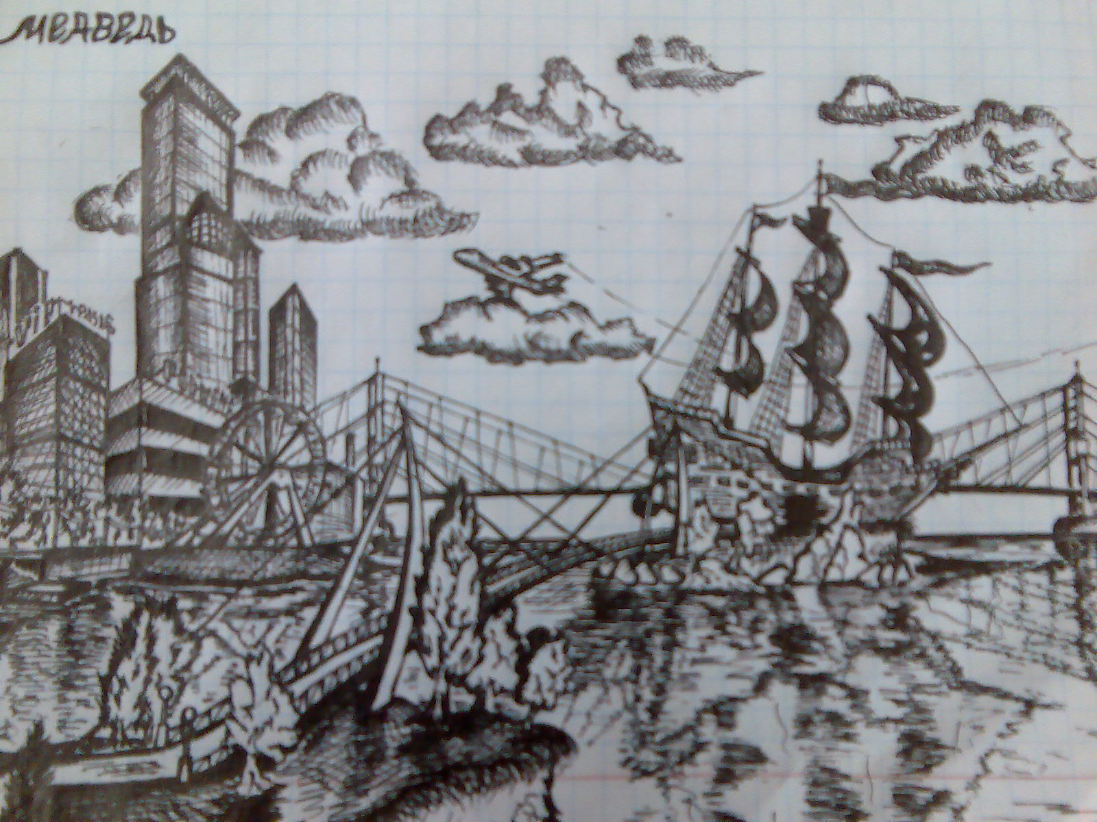 наброски чёрной гелевой ручкой