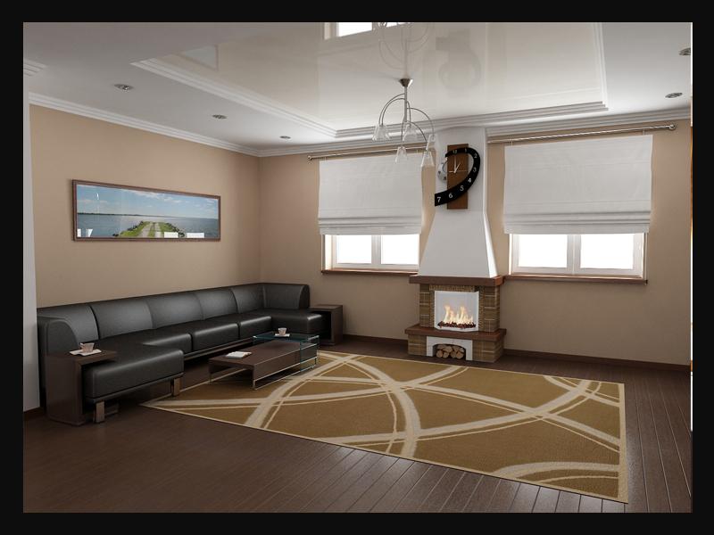 Интерьер зала-кухни-столовой (вид на зал с камином)