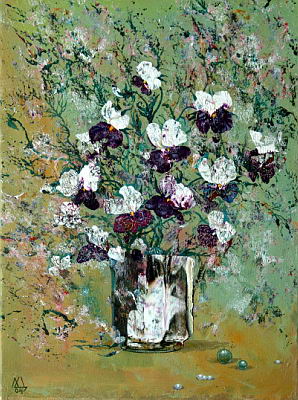 Анютины глазки.  монотипия, холст, масло