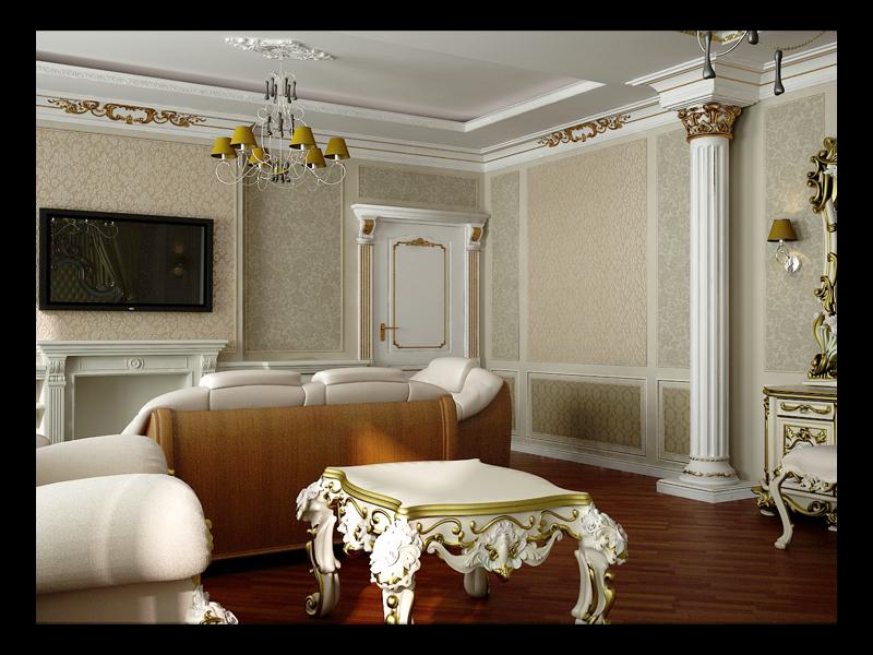 Интерьер спальни-кино в классическом стиле (вид на вход)