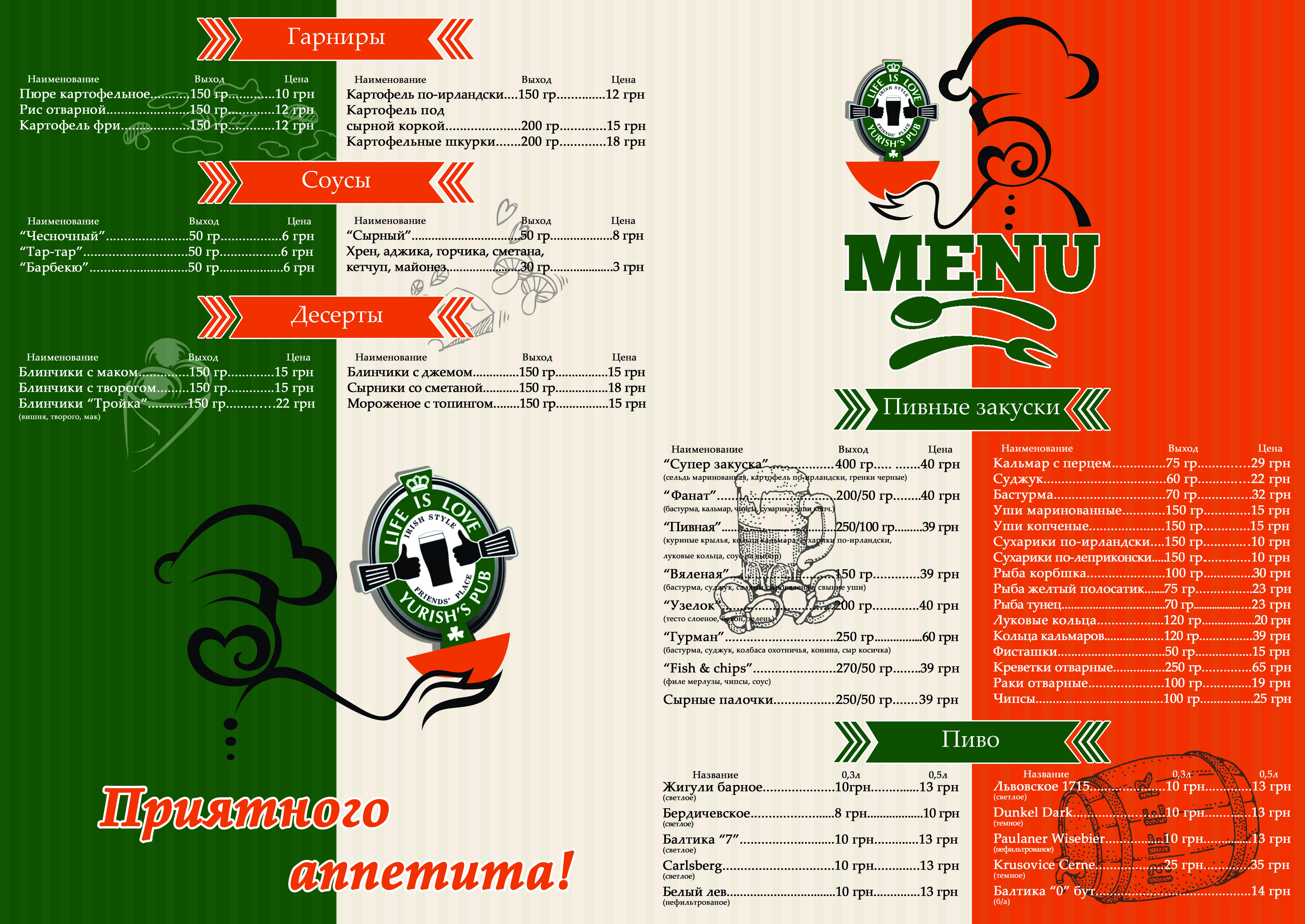 меню для "Ирландского Паба"