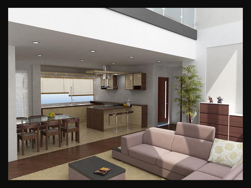 Интерьер гостиной жилого дома. Сеул (вид на кухню)