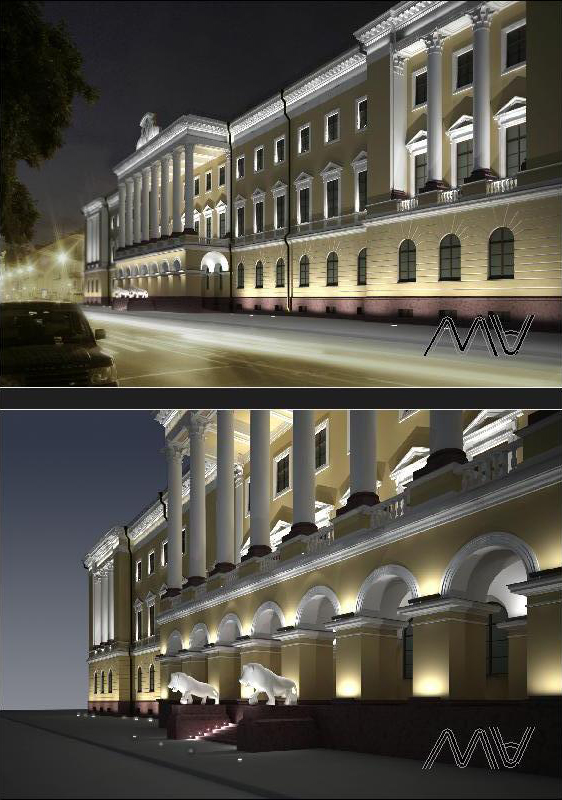 Архитектурное освещение фасадов гостиницы (СПб)