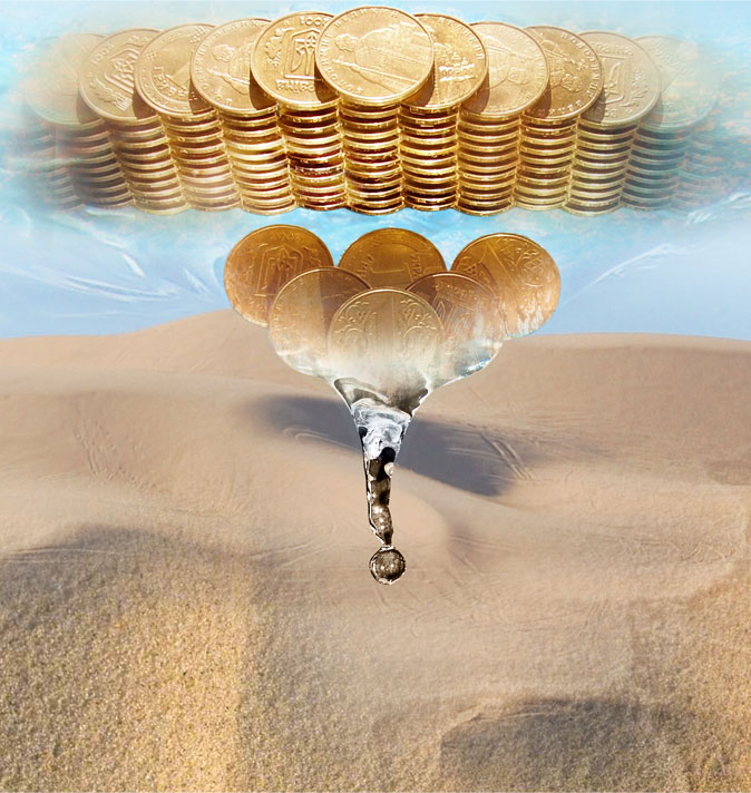 коллаж "деньги  в песок"