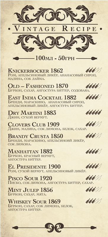 Меню для бара