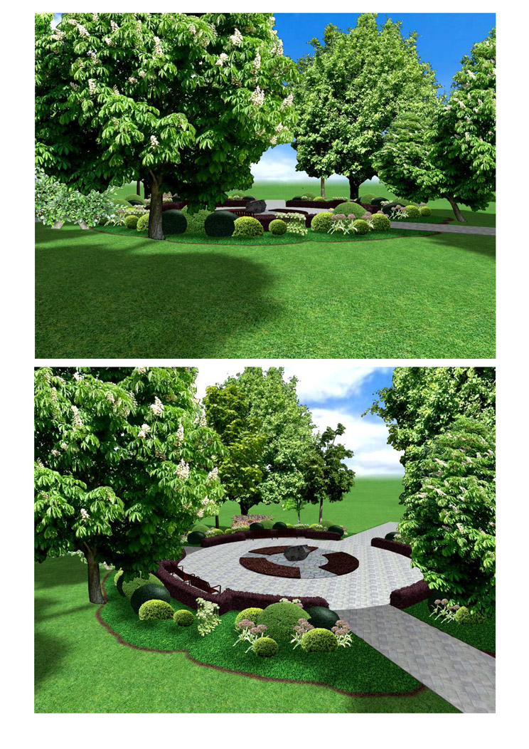 Площадка для отдыха возле памятного знака в городском парке. Вариант 1