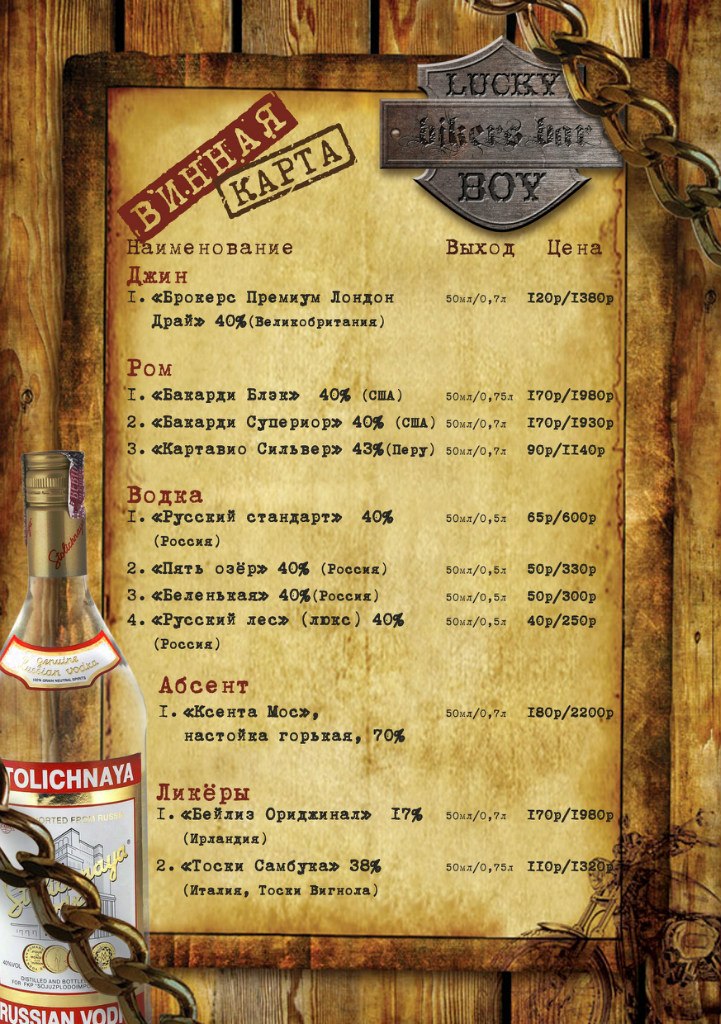 Меню байкерского бара "Lucky Boy"