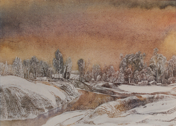 Первый снег.  бум., акв., гуашь