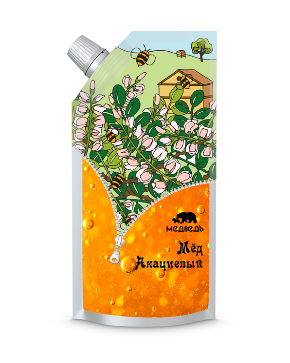 дизайн упаковки мёда для "Медведь"