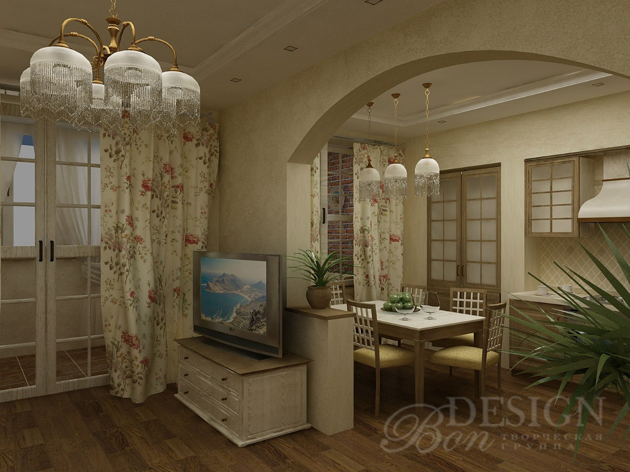 Проект квартиры "Легкое дыхание Прованса". Кухня-гостиная.